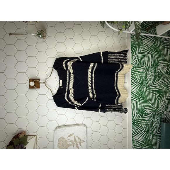 Elan Sweaters - Elan Black and Cream Striped Cotton Knit 3/4 Sleeve Sweater - Size - Small